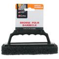 En sort grillbørste med et rektangulært håndtag, mærket Brosse pour barbecue (grillbørste) på fransk. Emballagen er hvid med røde og orange detaljer.