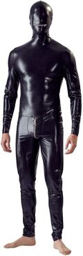 Black Level Full Body Suit – sort wetlook heldragt med lynlås, tætsiddende unisex fetishdragt med fuld kropsdækning, perfekt til dominans og rollespil.