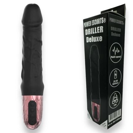 Sort realistisk vibrator fra Power Escorts med 10 vibrationstilstande og USB-opladning