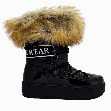 Sort vintersko med lakfinish og faux fur pelskant til damer