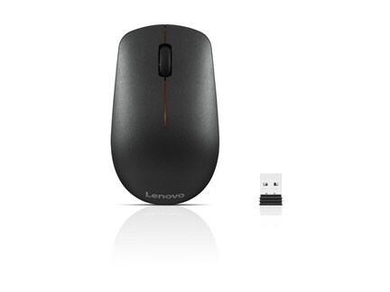 En trådløs Lenovo-mus i sort vises med en USB-modtager ved siden af. Musen har et slankt design med et rullehjul og en reflekterende overflade.