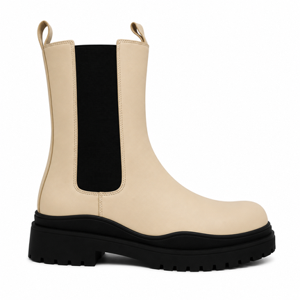 Beige dame chunky støvle med sort elastik – moderne design