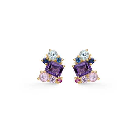 FOUR SEASONS SUMMER earrings in 14 karat gold with genuine stones: amethyst, pink amethyst, pink sapphire, ruby, sapphire, ceylon sapphire and sky blue topaz.