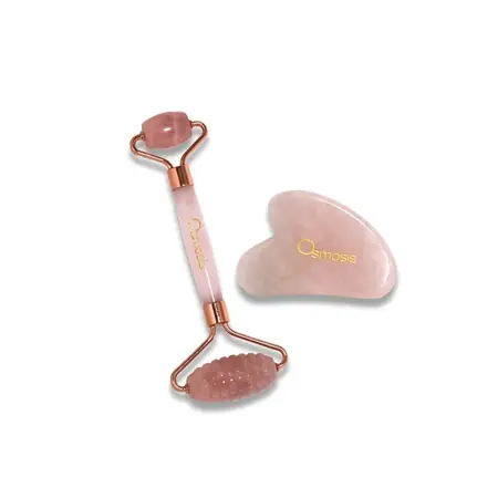 Rose Quartz Roller og Gua Sha redskaber i rosakvarts – naturlig ansigtsmassage til hudpleje og lymfedrænage