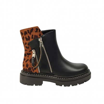 Sort ankelstøvle i læderlook med leopard hælkappe og sølv lynlås