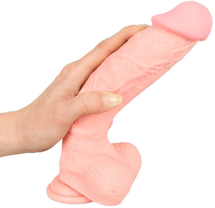 Naturtro dildo i silikone, 24 cm med sugekop, åretegning og selvlysende effekt.