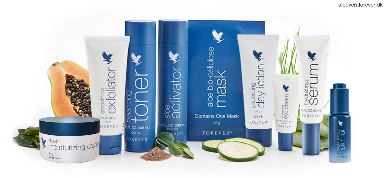targeted skincare by Forever: smoothing exfoliator, balancing toner, aloe activator, replenishing skin oil, hydrating serum, deep moisturizing cream, awakening eye cream, aloe bio-cellulose mask, protecting day lotion