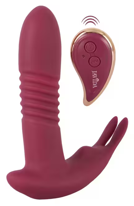 Rød JAVIDA RC Hands-free 3 Function Vibrator med skaft og klitorisstimulator.