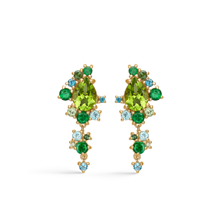 FOUR SEASONS SPRING earrings in 14 karat gold with genuine stones: peridot, blue apatite, London blue topaz, green sapphire, tsavorite and green tourmaline