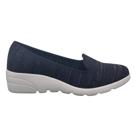 Venstre slip-on damesko i sort og grå strik med hvid kileformet sål