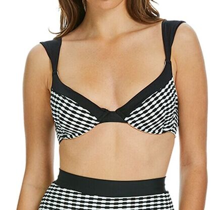 En kvinde iført en sort- og hvidternet bikinitop med brede stropper og en matchende højtaljet underdel. Billedet er beskåret, så hendes overkrop og ansigt ses delvist.