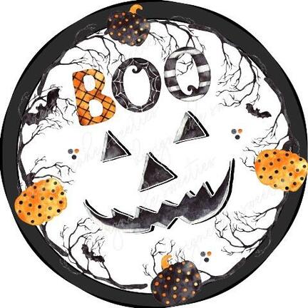 Rundt Halloween sukkerprint med hvidt jack-o'-lantern-ansigt af sorte og orange tegninger som kranier, spindelvæv, flagermus og slik med en mørk kant