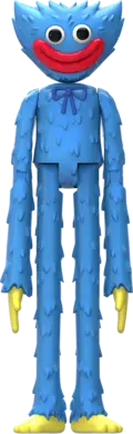En høj, blå, lodden tegneseriefigur med lange arme og ben, gule hænder og fødder, en bred rød mund, skarpe tænder, store runde øjne og en blå butterfly på brystet, som står oprejst.