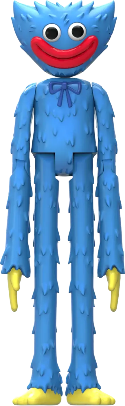 En høj, blå, lodden tegneseriefigur med lange arme og ben, gule hænder og fødder, en bred rød mund, skarpe tænder, store runde øjne og en blå butterfly på brystet, som står oprejst.