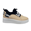 Beige dame sneakers med sort LOVE print og hvid platform sål