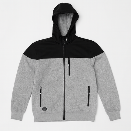 Grå og sort fleecejakke med hætte og lynlåslommer – varm, slidstærk og funktionel