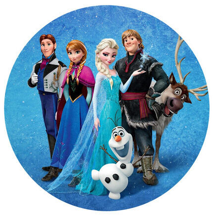 Frozen sukkerprint rundt med Elsa, Anna, Olaf, Kristoff, Hans og Sven på blå vinterbaggrund