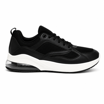 Sort sneaker med hvid sål og synlig luftpude. Sporty og komfortabel model til hverdag og fritid.