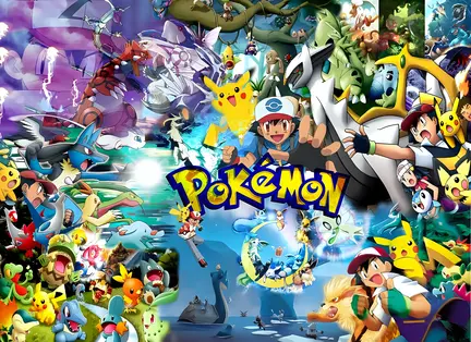 Pokémon sukkerprint med Pikachu, Ash og mange Pokémon figurer – farverigt kageprint til børnefødselsdag.