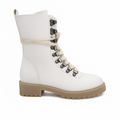 Hvid snørestøvle til damer med lynlås i siden og kraftig sål.