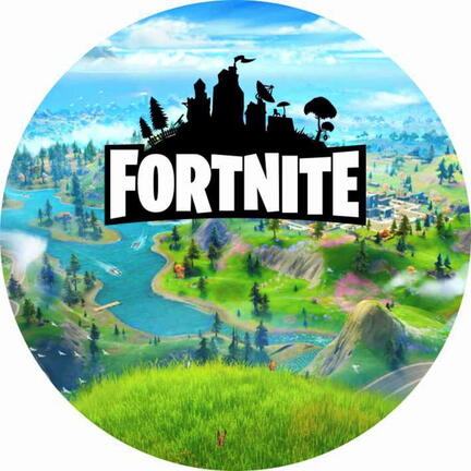 Rundt Fortnite sukkerprint med logo over en grøn ø