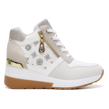 Lyse dame sneakers med skjult kilehæl, blomstermønster og gyldne detaljer