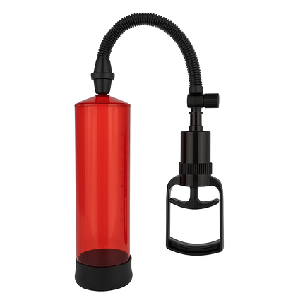 Power Escorts Power Pump Basic Red – klassisk penispumpe med gennemsigtig rød cylinder og sort pumpe