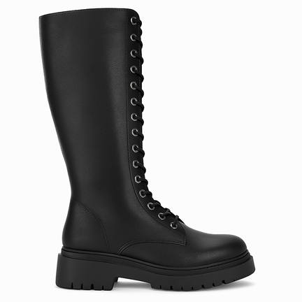 Sorte knælange snørestøvler med grov sål, snørebånd og lynlås