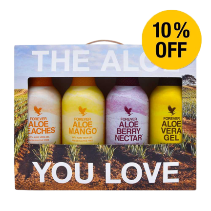 4-pak med 4 forskellige Aloe Vera drik smage med 10% rabat