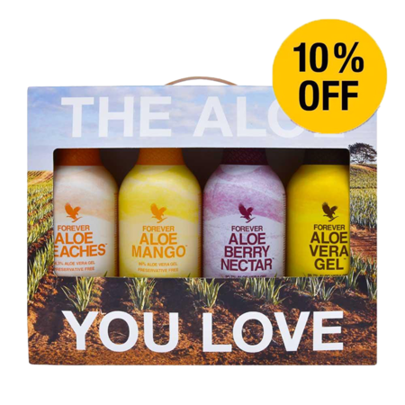 4-pak med 4 forskellige Aloe Vera drik smage med 10% rabat