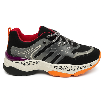 Chunky sneaker i sort med grå, rød, orange og lilla detaljer