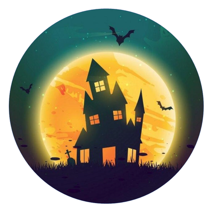 Rundt Halloween sukkerprint med silhuet af hjemsøgt hus, flagermus og stor gulgrøn måne