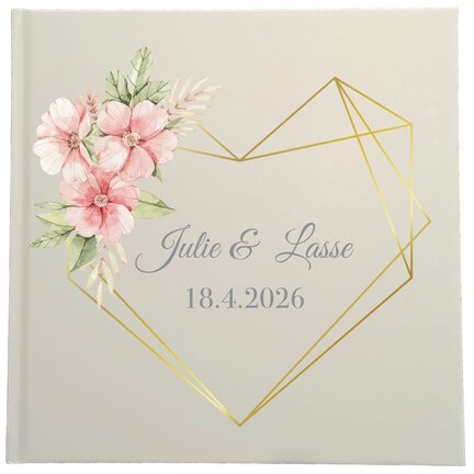 Gæstebog til bryllup med navn og dato i hjerteramme med blomster