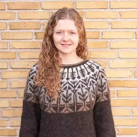 model ifoert strikket sweater som hedder Vedurfrædingurinn strikket i lettlopi. forside til strikkeopskrift