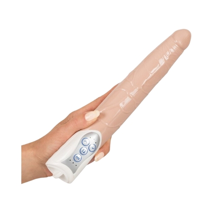 Realistisk dildo med stød og vibration – hudfarvet 27,5 cm dildo med 3 stødhastigheder og 7 vibrationsprogrammer.