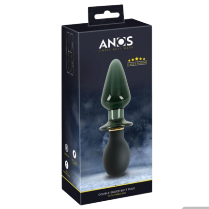 Dobbelt vibro-buttplug i silikone og glas med konisk form, stopprop og indbyggede vibrationer