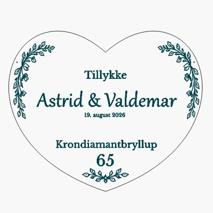 Botanisk hjerte til krondiamantbryllup og æresport med navne og dato – Design 18