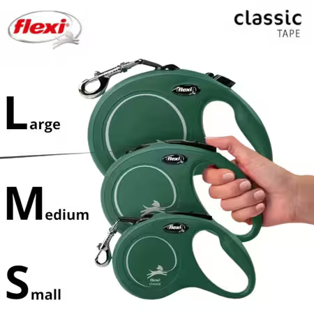 Flexi New Classic 5 meter bånd grøn – oversigt over størrelser S, M og L