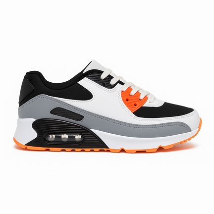 "Sporty sneaker i sort, hvid, grå og orange med luftpude i sålen"