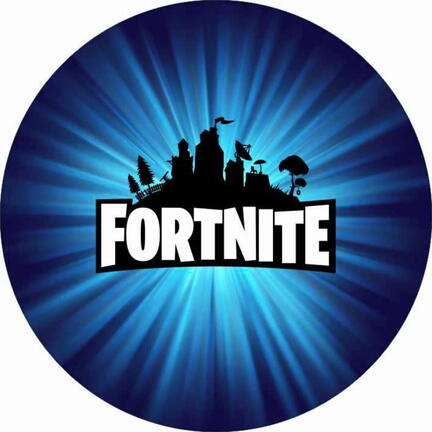 Rundt Fortnite sukkerprint med logo, heltesilhuetter og blå lysstråler