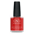 Rød neglelakflaske med sort låg står stille. Tekst: "CND VINYLUX™ LONG WEAR POLISH VERNI À ONCLES LONGUE DURÉE 0.5 FL. OZ. / 15 mL". Baggrunden er hvid.