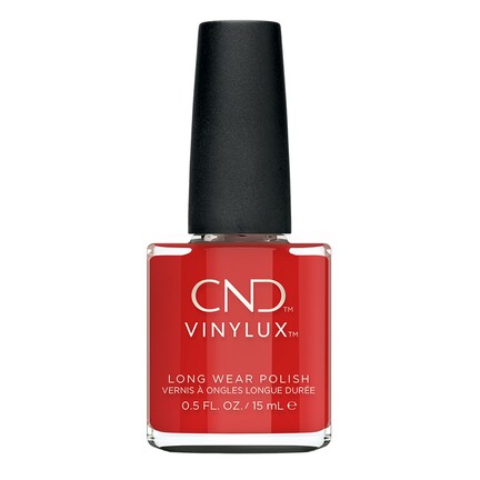 Rød neglelakflaske med sort låg står stille. Tekst: "CND VINYLUX™ LONG WEAR POLISH VERNI À ONCLES LONGUE DURÉE 0.5 FL. OZ. / 15 mL". Baggrunden er hvid.