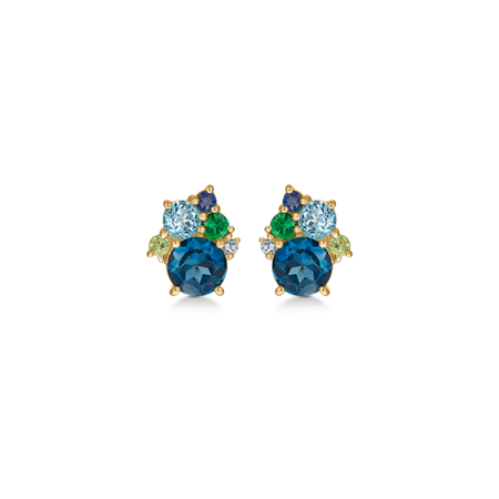 FOUR SEASONS WINTER earrings in 14 karat gold with 0.03 ct. diamonds and genuine stones: London Blue Topaz, light swiss blue topaz, tsavorite, sapphire and peridot.