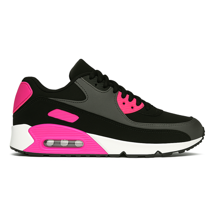 Damesneaker i sort, grå og pink med synlig luftsål og sporty look