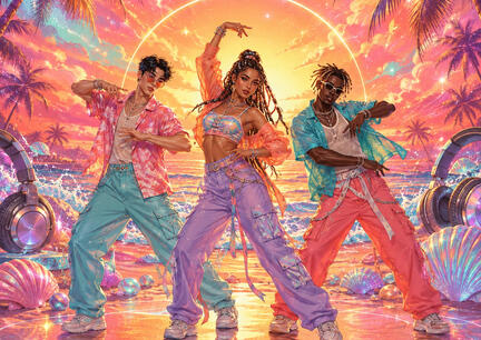 K-pop sukkerprint A3 med sommerligt dansetrio til stor festkage