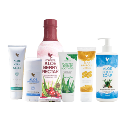 Syv bestsellers Aloe vera baserede hudpleje produkter og Aloe vera drik med tranebær og æblesmag fra Forever Living