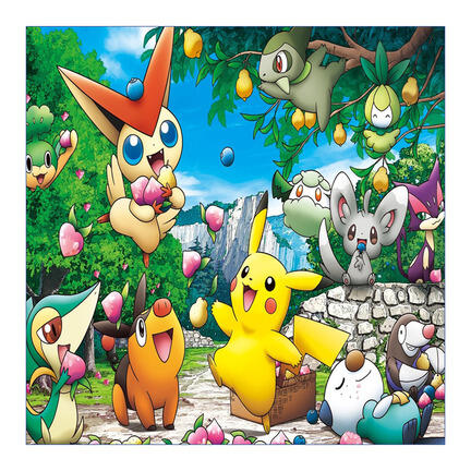 Kvadratisk Pokémon-inspireret kageprint med Pikachu og mange figurer i skoven