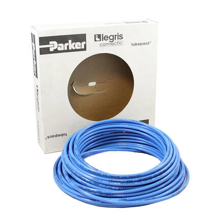 Blå Parker Legris luftslange i rulle ved siden af hvid papemballage med brandlogo.