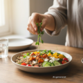 Ærte-mikrogrønt drysses over en farverig bowl