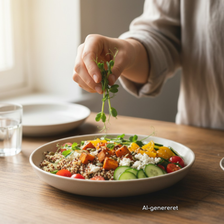 Ærte-mikrogrønt drysses over en farverig bowl